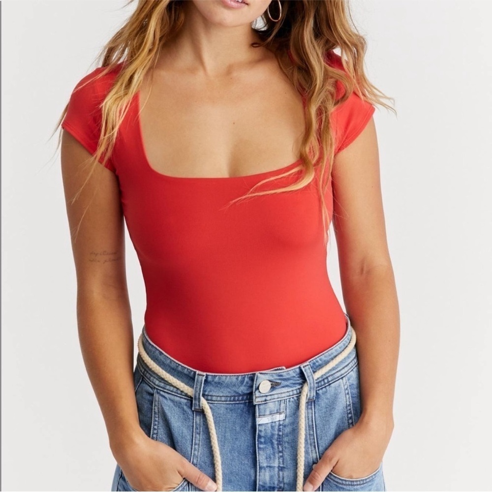 Free people square eyes bodysuit Bright Red Soft Slim Fit Medium